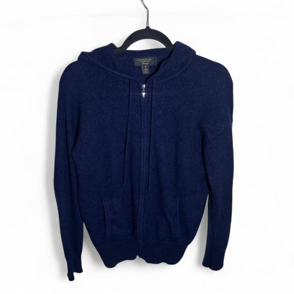 Charter Club Pure 100% Cashmere Navy Full Zip Hooded Sweater Jacket Cardigan Med - Picture 7 of 7